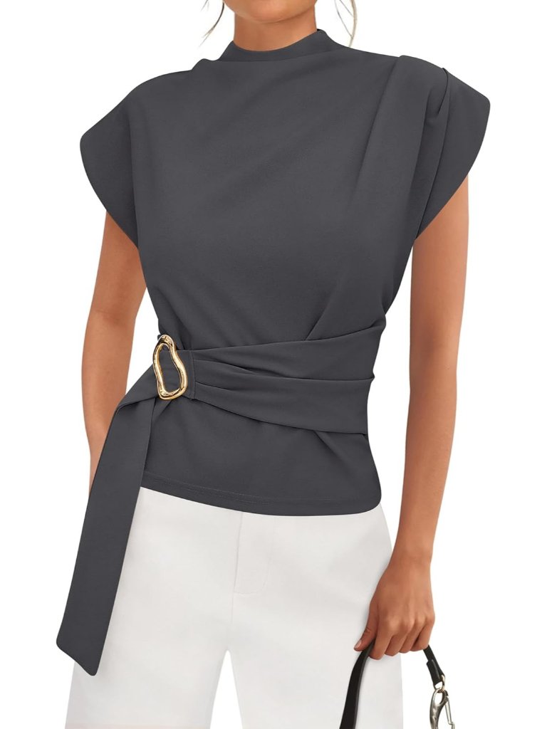 Women's Dark Grey Cap Sleeve Mock Neck Buckle Tunic Imported Casual Top Shirt